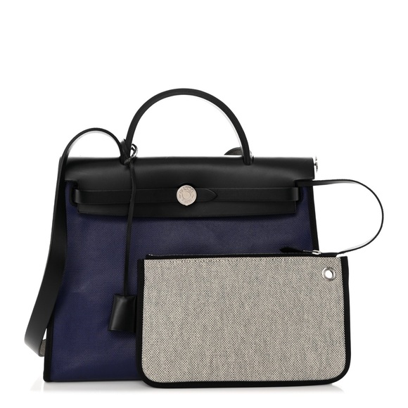 HERMES Berline Vache Hunter Herbag Zip PM 31 Black Bleu Encre Coated Canvas RARE - Picture 2 of 14